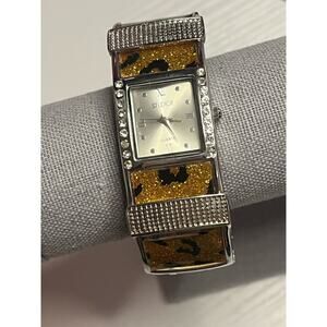 New Studio Time Cheetah Print Glitter Silver Tone Women’s Cuff Quartz Watch